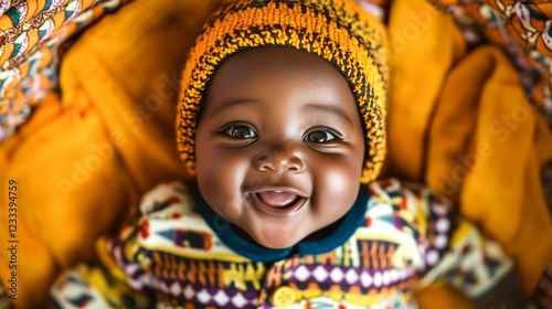 Joyful African Baby Boy with Knitted Hat in Charming Patterned Basket.