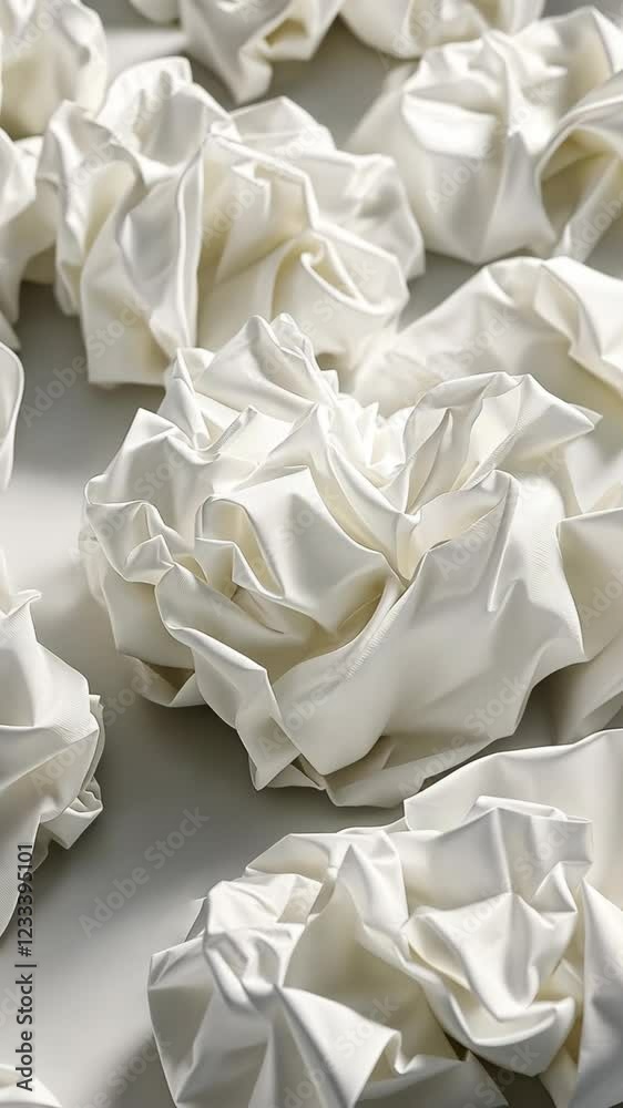 Bright white fabric flowers arranged artistically on a soft surface in a minimalistic setting during daylight Bright white fabric flowers arranged artistically on a soft surface in a minimalistic setting during daylight