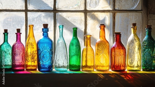 Sunlit Colorful Antique Bottles Displayed on Window Sill