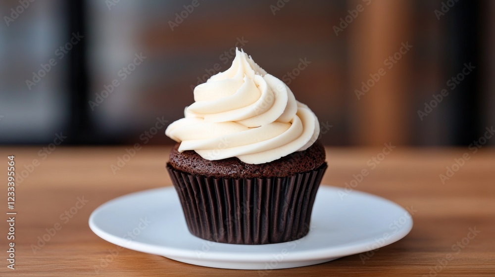 Delicious chocolate cupcake topped with creamy frosting on a white plate against a blurred background Delicious chocolate cupcake topped with creamy frosting on a white plate against a blurred background