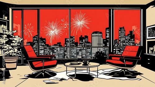 Cityscape Fireworks View From Modern Apartment Living Room