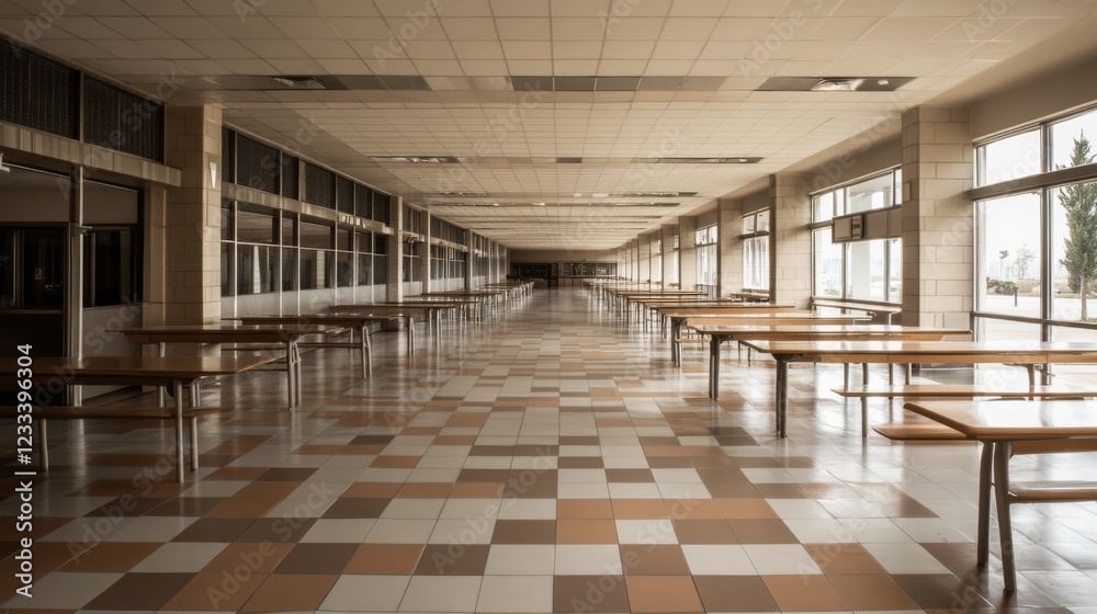 Empty cafeteria with long rows of tables and large windows, showcasing a quiet atmosphere Empty cafeteria with long rows of tables and large windows, showcasing a quiet atmosphere