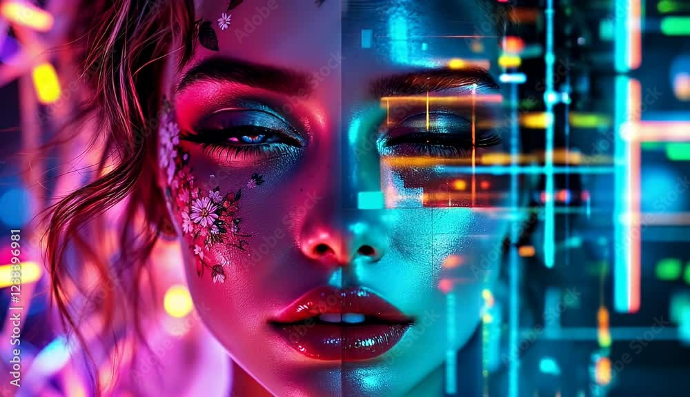 A captivating digital portrait blending natural beauty with cyberpunk aesthetics. A woman's face, adorned with flowers on one side and vibrant neon lights on the other.
