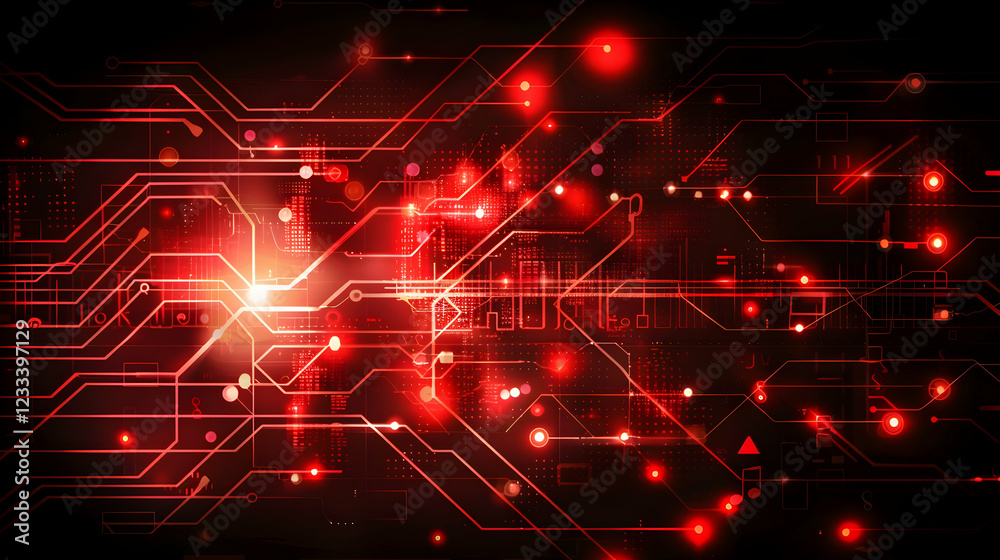 Fototapeta premium Abstract digital circuit design with glowing red elements on a dark background.