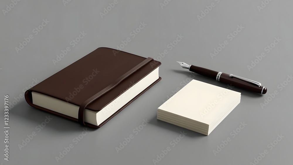 Brown Leather Journal with Pen and Paper on Gray Background Brown Leather Journal with Pen and Paper on Gray Background