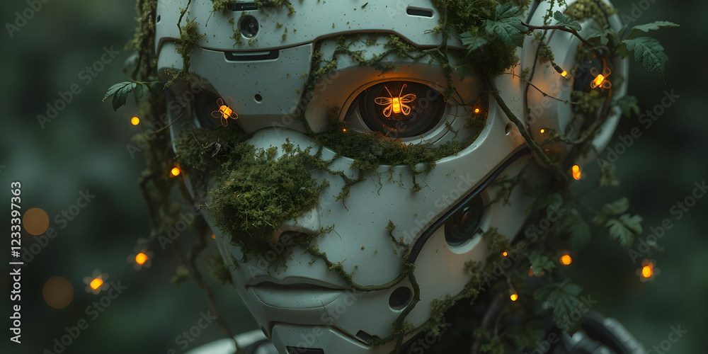Obraz premium A humanoid robot’s face partially covered in moss and vines, tiny glowing fireflies hovering around its mechanical features.