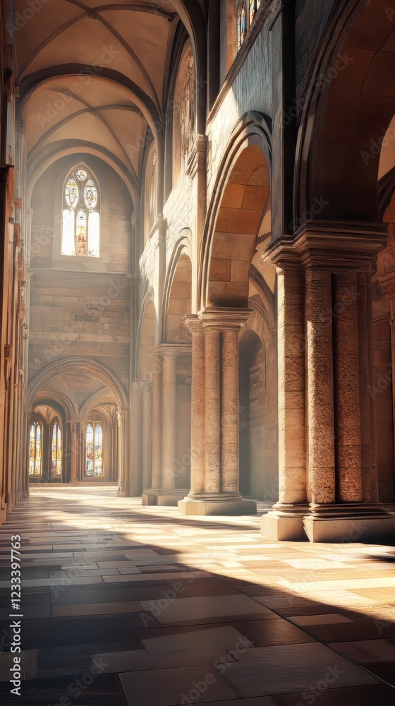 Fototapeta premium Sunlit stone hallway in grand cathedral
