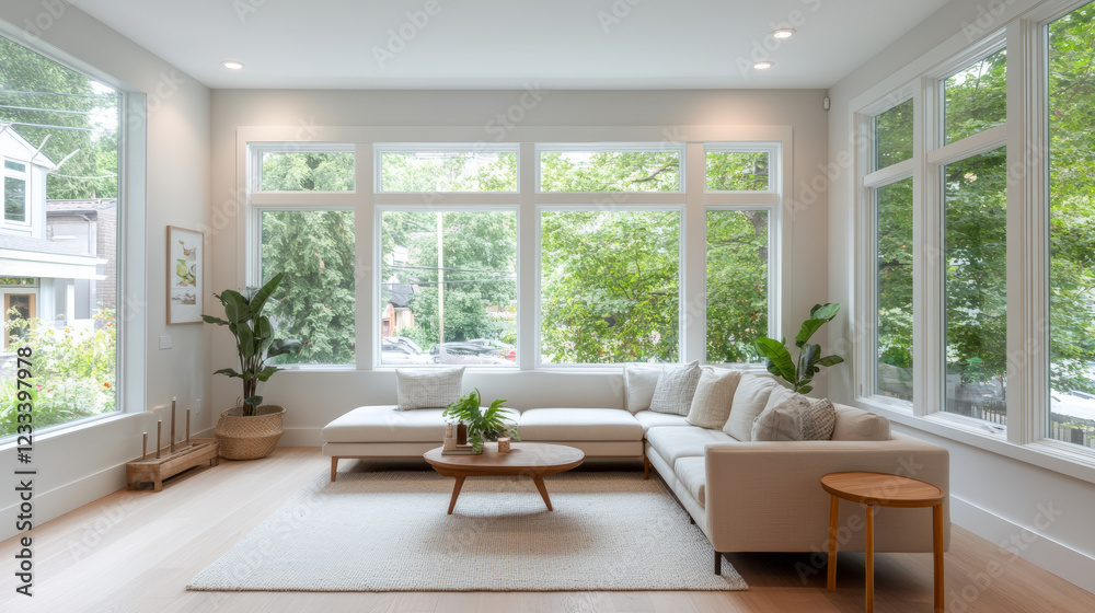 Fototapeta premium Modern living room with large windows, natural light, and plants