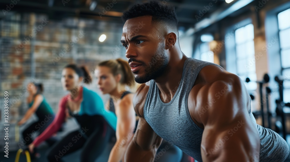 Fototapeta premium Muscular bodybuilder lifting weights among diverse athletes training intensely during high energy fitness class in contemporary gym environment