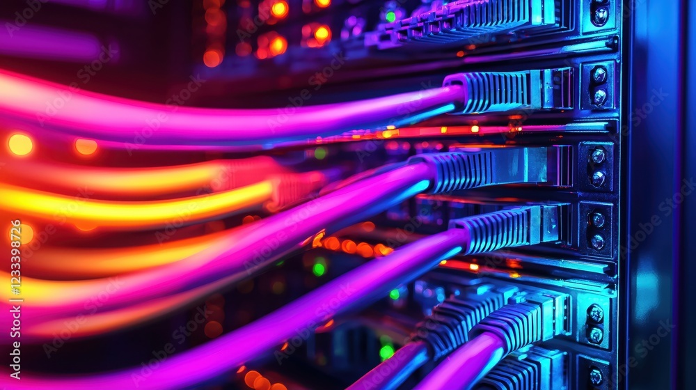 Vibrant Network Cables Connected to Server Rack in Neon Lights Vibrant Network Cables Connected to Server Rack in Neon Lights