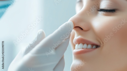 Surgeon wearing gloves carefully examining the nose of a smiling patient in a medical clinic, preparing for an upcoming cosmetic surgery procedure focused on enhancing beauty