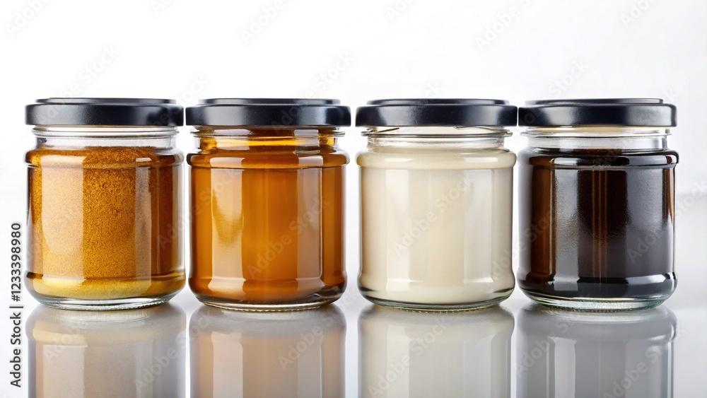 Four Glass Jars with White Lids Front View White Background Color Variations