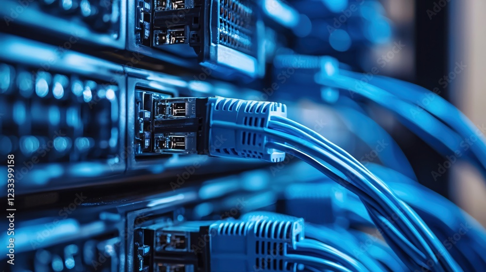 Naklejka premium High Tech Network Server Room Blue Cables Data Center Technology