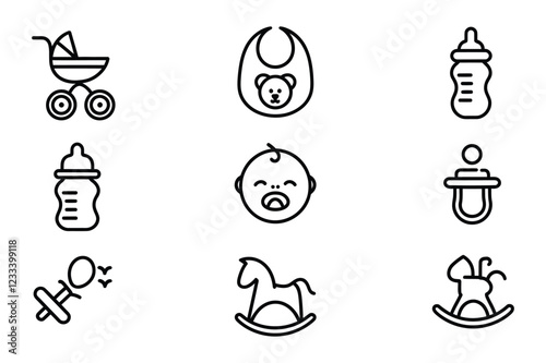 Baby Care Icons Set – Stroller, Bib, Bottle, Crying Baby, Pacifier, Rocking Horse – Minimalist Line Art Vector