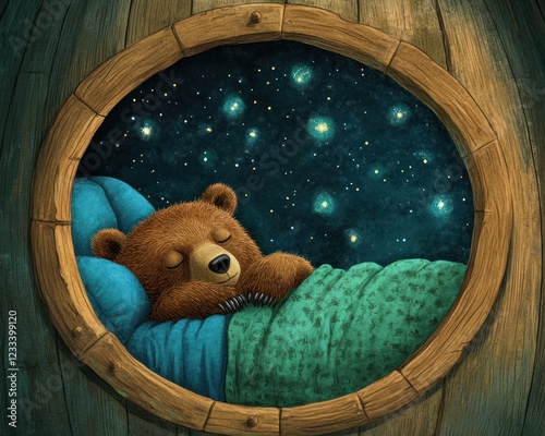 Bear sleeping soundly in wooden barrel, starry night sky. Children's book illustration photo