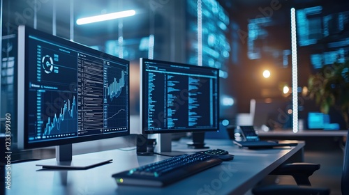 Wallpaper Mural Modern Office Desk with Two Monitors Displaying Data and Code at Night Torontodigital.ca