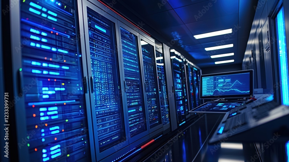 Modern Data Center Server Room Technology Innovation Blue Light
