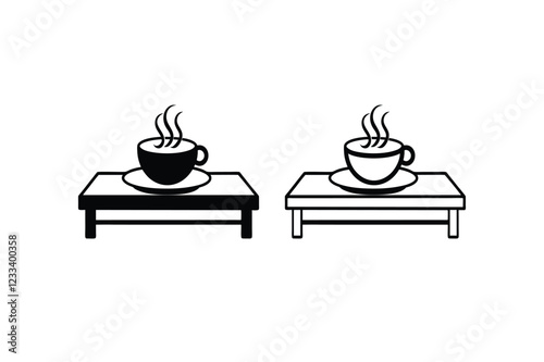 Tea cup with thtable icon. Tea cup icon. Cup of coffee tea table collection. Tea table flat vector art design. Teacup symbol style. Coffee table sign stock isolated illustration on a white background.