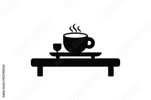 Tea cup with thtable icon. Tea cup icon. Cup of coffee tea table collection. Tea table flat vector art design. Teacup symbol style. Coffee table sign stock isolated illustration on a white background.