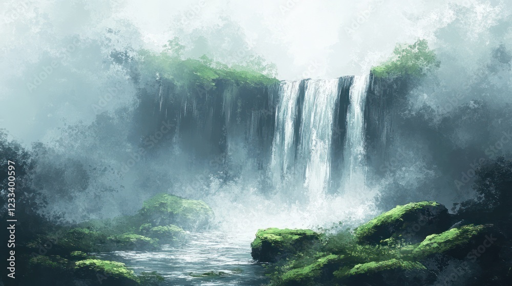 Misty jungle waterfall cascading, serene stream, fog, nature, background, tranquility, wallpaper Misty jungle waterfall cascading, serene stream, fog, nature, background, tranquility, wallpaper