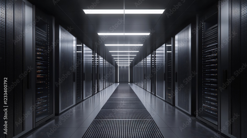Fototapeta premium Modern Dark Server Room Corridor Technology Data Center