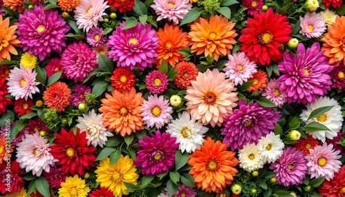 Flowers wall background with amazing red,orange,pink,purple,green and white chrysanthemum flowers ,Wedding decoration, hand made Beautiful flower wall background