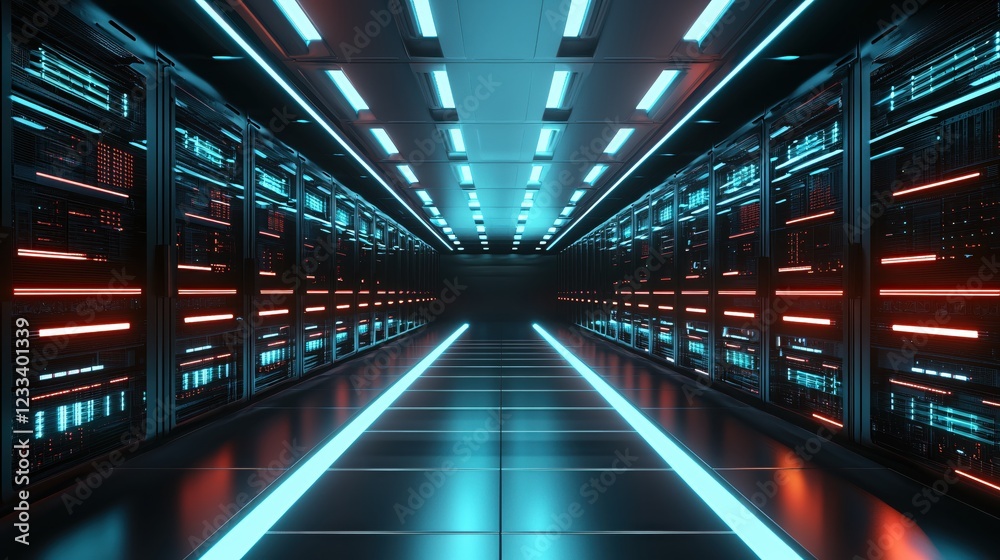 Obraz premium Futuristic Server Room Corridor Neon Lights Technology Data Center