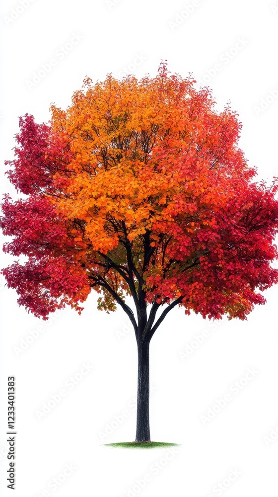 Naklejka premium A tree with red leaves stands alone on a white background. The tree is the main focus of the image, and the red leaves create a sense of warmth and vibrancy