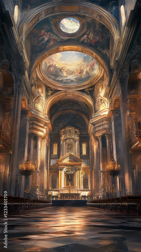 Fototapeta premium Ornate church interior, golden light