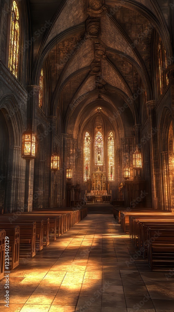 Fototapeta premium Sunlit aisle of a grand cathedral