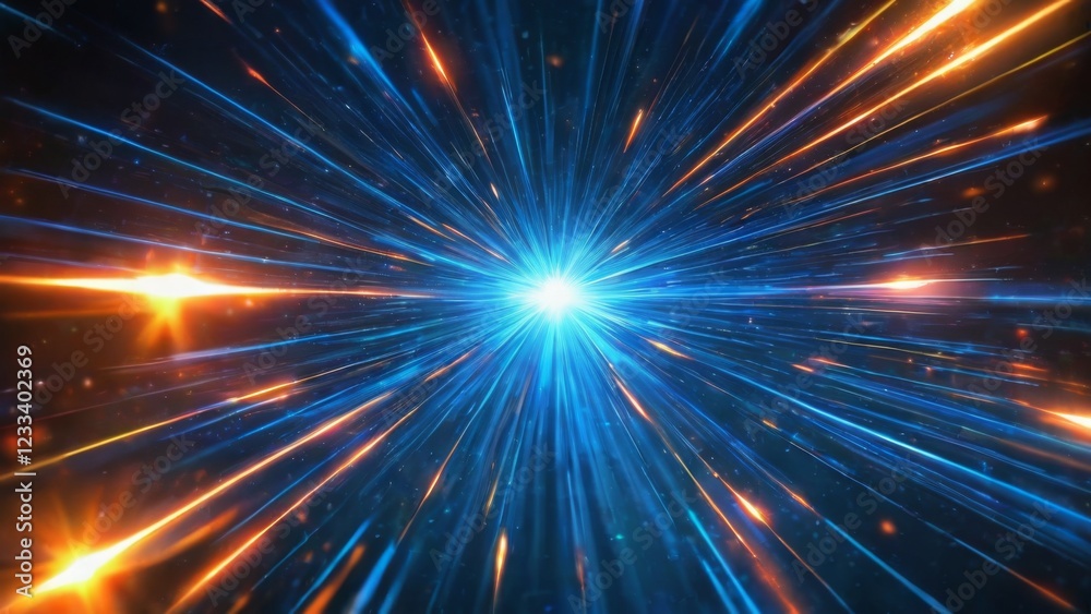 Dynamic Abstract Digital Art with Bright Blue Starburst on Black Background, Radiating Lines in Vibrant Colors for Energy and Movement. Dynamic Abstract Digital Art with Bright Blue Starburst on Black Background, Radiating Lines in Vibrant Colors for Energy and Movement.