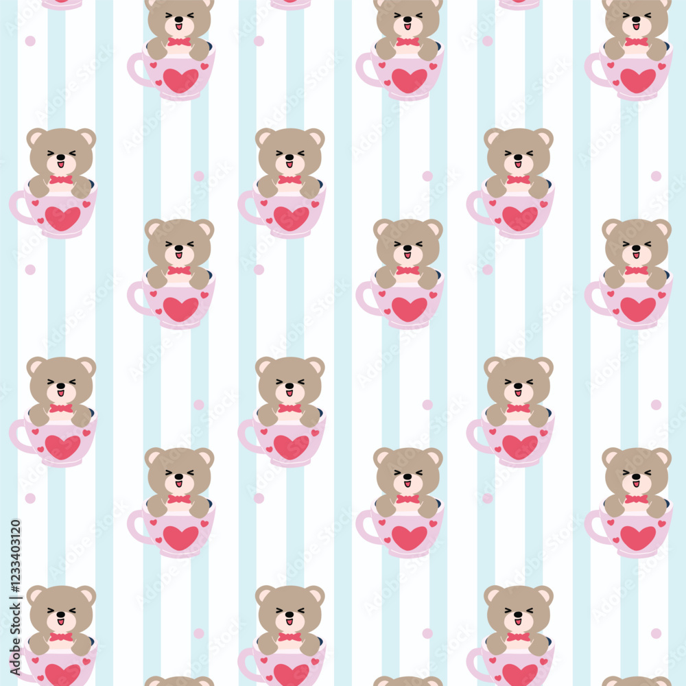 Adorable seamless pattern featuring cartoon bears sitting inside pink heart-decorated teacups on a pastel blue striped background