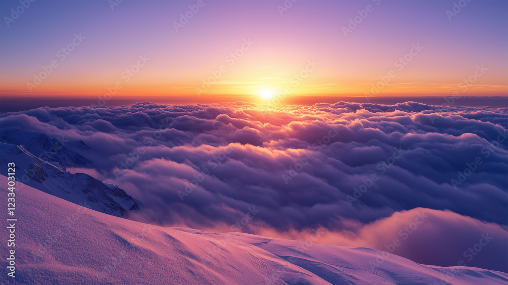 雪山の頂と朝焼けの雲海 – 天空の静寂と絶景 雪山の頂と朝焼けの雲海 – 天空の静寂と絶景