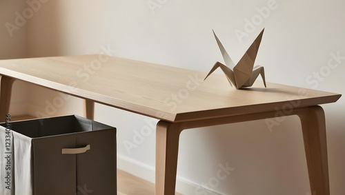 Minimalist Wood Desk Origami Crane Gray Fabric Box Modern Interior Design photo