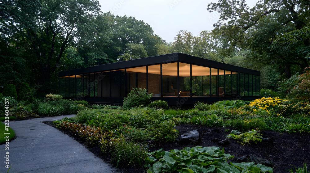 Fototapeta premium Modern glass house garden dusk landscape architecture