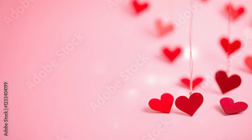Love in Soft Focus - A Bokeh Valentine’s Day Image with Red Heart Decorations Against a Dreamy Pink Background and Sharp Subject Detail