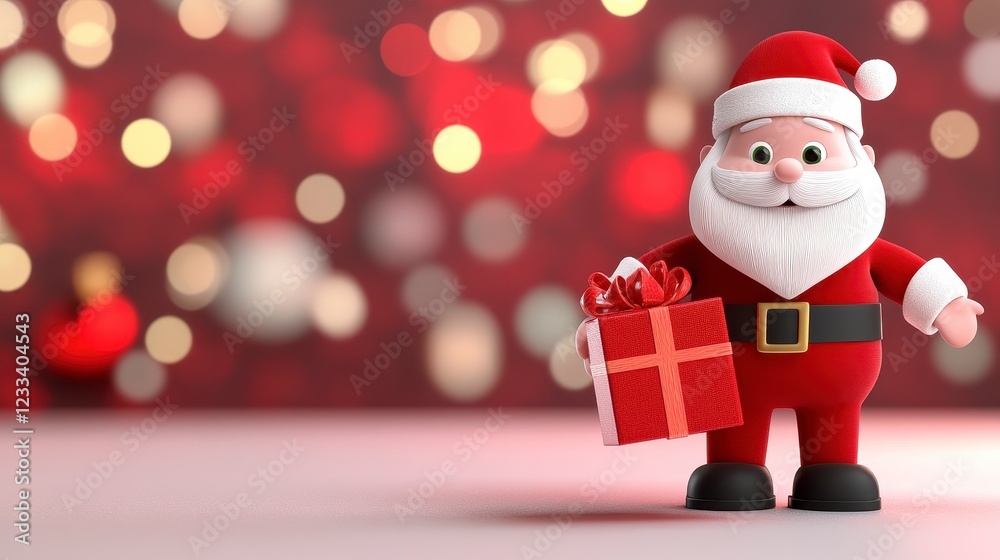 Whimsical Santa Claus Figure Holding a Gift Box with Bokeh Background Whimsical Santa Claus Figure Holding a Gift Box with Bokeh Background