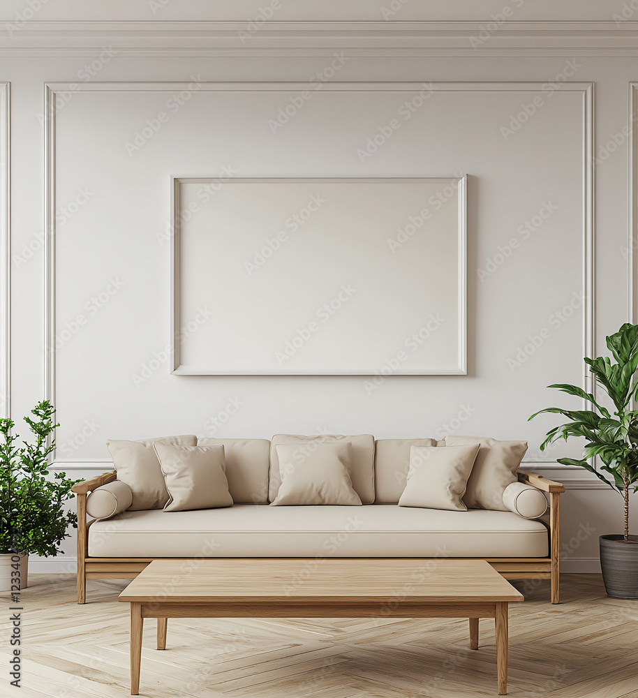 Fototapeta premium A large white picture frame hangs on the wall of an all-white living room. The picture inside is blank. The sofa and coffee table in front have beige cushions, with green plants next to them. 