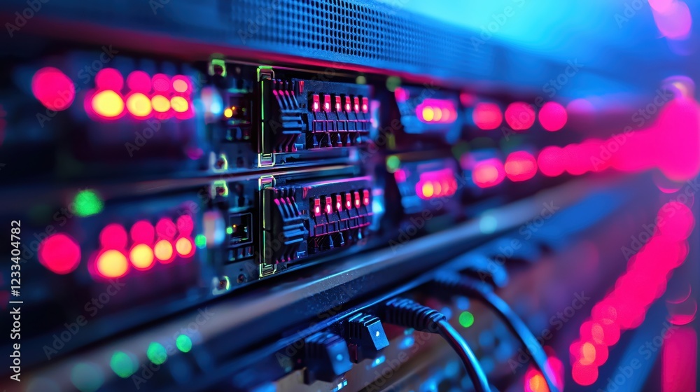 Naklejka premium Data Center Server Rack Technology Neon Lights Digital Infrastructure