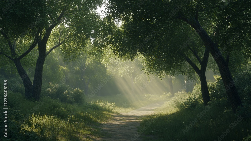 Obraz premium Sunbeams filter through the dense forest canopy illuminating a winding path