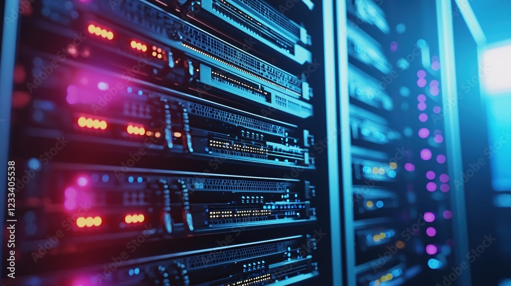 Powerful Network Servers Glowing in Vibrant Blue and Red Light Modern Data Center Technology Powerful Network Servers Glowing in Vibrant Blue and Red Light Modern Data Center Technology