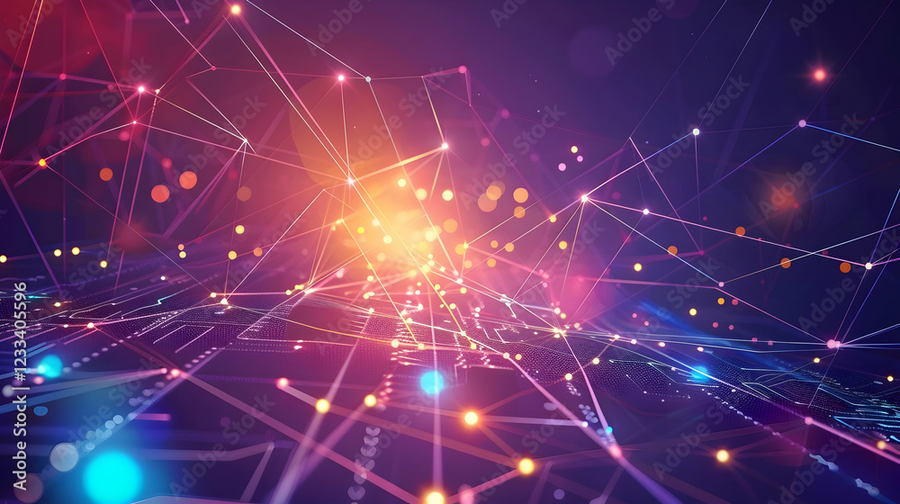 Obraz premium Abstract digital landscape with glowing connections and nodes, representing data flow.