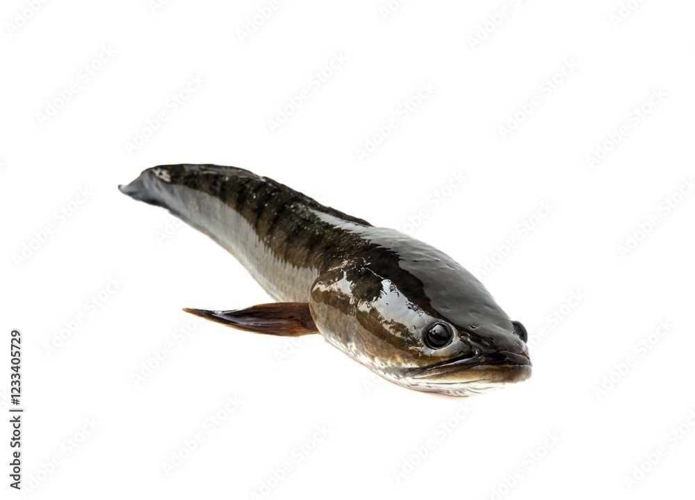 Large, fresh, not dead snakehead fish placed isolated on a white background.	