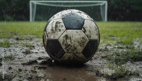 Mud covered soccer ball sits on rainy field