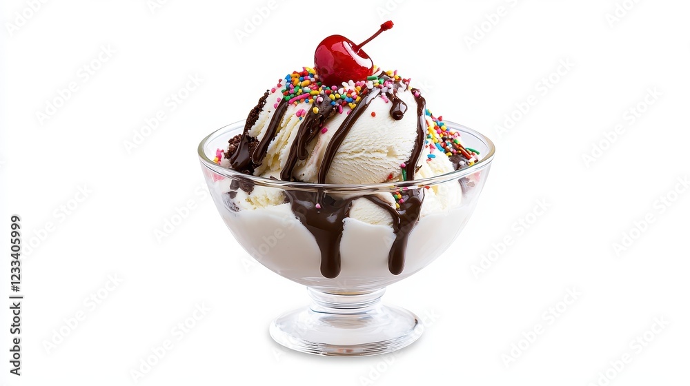 Delicious ice cream sundae with sprinkles and cherry topping Delicious ice cream sundae with sprinkles and cherry topping