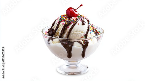 Delicious ice cream sundae with sprinkles and cherry topping