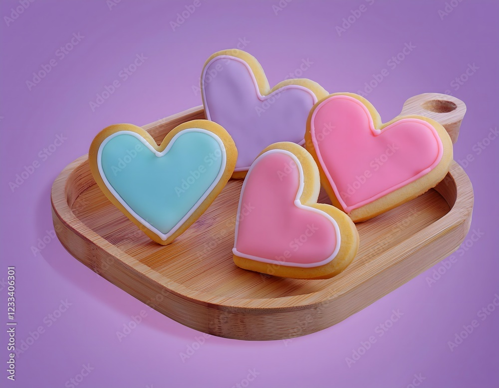 Fototapeta premium Festive Valentine's Day decorations: Heart-shaped cookies, colorful icing on a rustic tray.