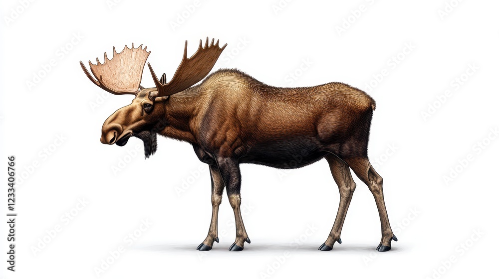 Realistic Illustration of a Moose Standing on a White Background Realistic Illustration of a Moose Standing on a White Background