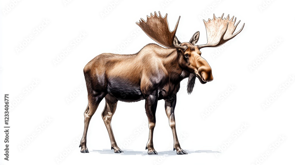 Fototapeta premium Realistic Illustration of a Moose Standing Proudly on a White Background