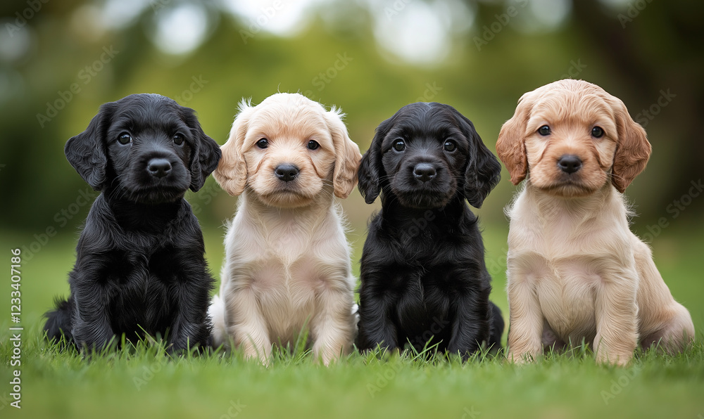 A photo of puppies sitting side by side on the grass, each with different colors and coat patterns. The background is blurred to focus attention on them.
A photo of puppies sitting side by side on the grass, each with different colors and coat patterns. The background is blurred to focus attention on them.